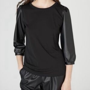 Karl Lagerfeld Paris Black Vegan Faux Leather 3/4 Sleeve Top XS